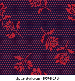 Red Navy Floral tropical botanical seamless pattern dotted background for fashion textiles and graphics