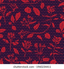 Red Navy Floral tropical botanical seamless pattern dotted background for fashion textiles and graphics