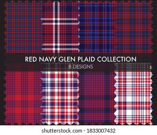 Red Navy Glen Plaid Tartan seamless pattern collection includes 8 designs for fashion textiles and graphics