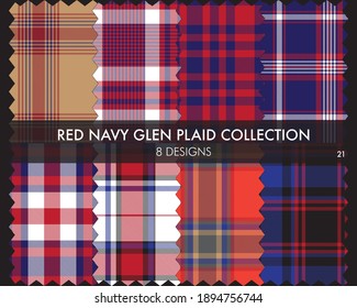 Red Navy Glen Plaid Tartan seamless pattern collection includes 8 designs for fashion textiles and graphics