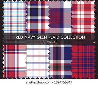 Red Navy Glen Plaid Tartan seamless pattern collection includes 8 designs for fashion textiles and graphics