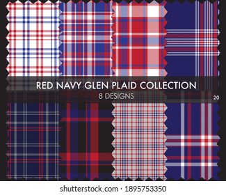 Red Navy Glen Plaid Tartan seamless pattern collection includes 8 designs for fashion textiles and graphics