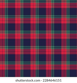 Red, navy, green plaid fabric seamless pattern for textile, clothing design. Vector illustration.