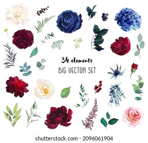 Red and navy rose, blue hydrangea, beige dahlia, ranunculus, spring garden flowers, eucalyptus, greenery, fern, vector design big set. Wedding summer collection. Elements are isolated and editable