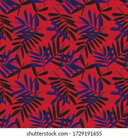 Red Navy Tropical Leaf botanical seamless pattern background suitable for fashion prints, graphics, backgrounds and crafts