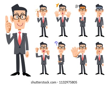 red Necktie and gray suits wearing eyeglassed businessman's gestures and expression _ Nine types of whole body