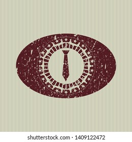 Red necktie icon inside distress rubber grunge texture seal
