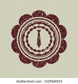 Red necktie icon inside distress with rubber seal texture