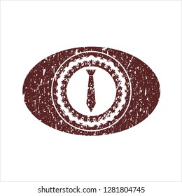 Red necktie icon inside distressed rubber seal with grunge texture