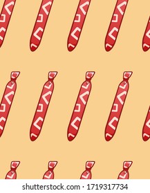 Red neckties with squares print seamless pattern. Decoration for greeting card, wrapper and textile. Beige background, vector.