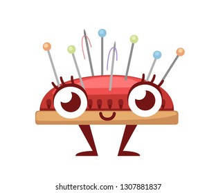 Red needle pad with colored needles. Cartoon character design. Sewing item mascot. Flat vector illustration isolated on white background.