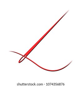 Red needle and thread black silhouette on white background, flat design, vector