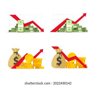 Red negative financial stocks drop down as economic crisis fall and money income or profit sales increase arrow flat cartoon icon set, cash growth graphs trends, investment revenue or loss concept 