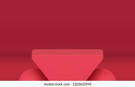 Red neon abstract triangle geometric podium angular figure with sphere 3d decor design realistic vector illustration. Geometry platform pedestal product presentation award celebration foundation block