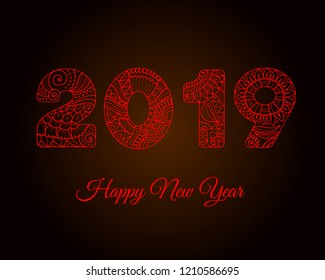 Red neon abstract zentangle text 2019 Happy new year. Twenty nineteen clebration postcard