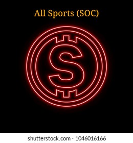 Red neon All Sports (SOC) cryptocurrency symbol. Vector illustration eps10 isolated on black background