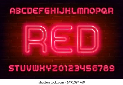 Red neon alphabet font. Bright neon letters and numbers on brick wall background. Stock vector typescript for your typography design.