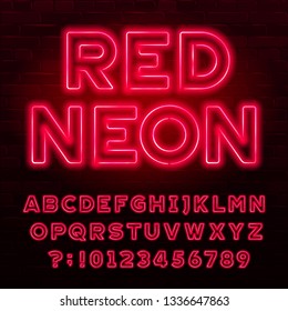 Red neon alphabet font. Red color light bulb capital letters and numbers. Stock vector typeface for your typography design.