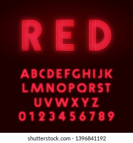 Red Neon Alphabet Font. Letters And Numbers Line Design. Vector Illustration.