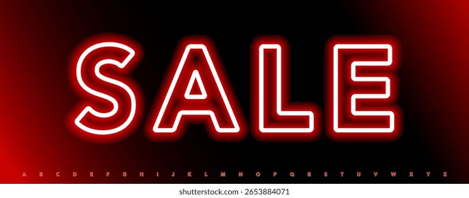 Alfabeto de néon vermelho, letras em negrito brilhantes, fonte de varejo elétrica para anúncio Black Friday, cartaz Cyber Monday, faixa de loja, sinal promocional, título de desconto, design tipográfico luminoso. Tipo de vetor