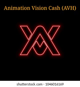 Red neon Animation Vision Cash (AVH) cryptocurrency symbol. Vector illustration eps10 isolated on black background