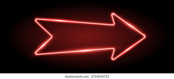 Elemento de flecha de neón rojo. Señal de dirección led brillante. Lámpara de tubo con forma de punta de flecha brillante. Efecto fluorescente luminoso brillante del puntero para el Anuncio, cartel, logotipo. Ilustración de luz led de neón de Vector