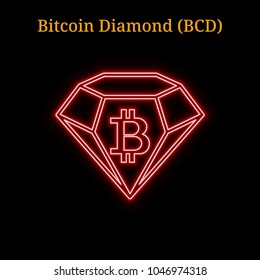 Red neon Bitcoin Diamond (BCD) cryptocurrency symbol. Vector illustration eps10 isolated on black background