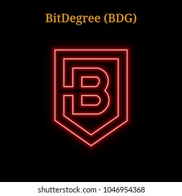 Red neon BitDegree (BDG) cryptocurrency symbol. Vector illustration eps10 isolated on black background