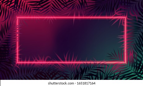 Red neon border, futuristic square frame, with dark gradient space, cyber design with tropical palm leaves