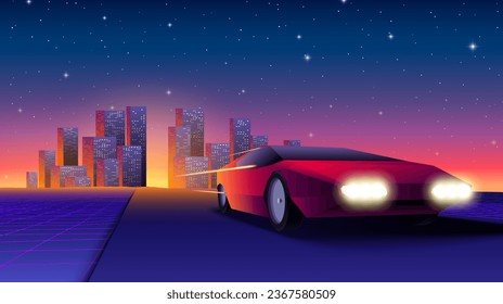 El coche rojo de neón en los años 80 estilo sintomatología escapa de la ciudad. Ilustración automática retrowave con un coche de carreras brillante en la ruta panorámica de la cuadrícula en el estilo de juego de arcade de los años 90.