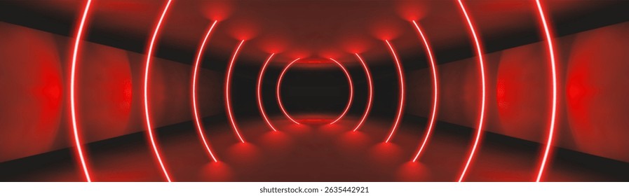 Red neon casino background. Red light neon tunnel. Led line laser stage 3d bg. Dark party room with black podium perspective. Geometric glow tech tunnel. Club gamer design with energy effect.