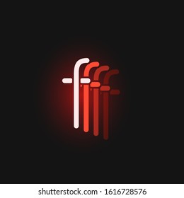Red neon character font on black background with reflections, vector illustration