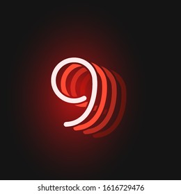 Red neon character font on black background with reflections, vector illustration