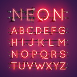 Red Neon Character Font Set On Purple Background, Vector Illustration