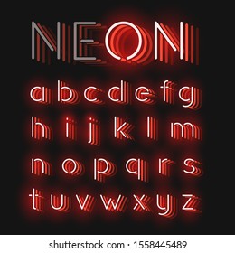 Red neon character font set on black background with reflections, vector illustration