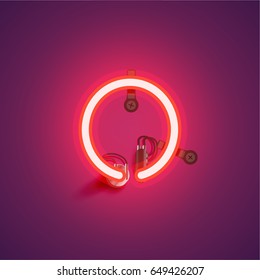 Red neon character from a font set on a purple background, vector illustration