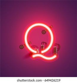 Red neon character from a font set on a purple background, vector illustration