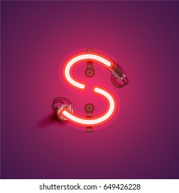 Red neon character from a font set on a purple background, vector illustration