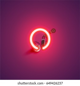 Red neon character from a font set on a purple background, vector illustration