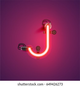 Red neon character from a font set on a purple background, vector illustration