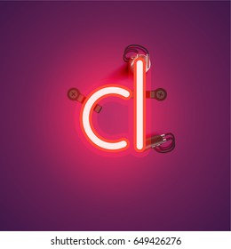 Red neon character from a font set on a purple background, vector illustration