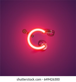 Red neon character from a font set on a purple background, vector illustration