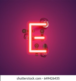 Red neon character from a font set on a purple background, vector illustration