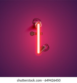 Red neon character from a font set on a purple background, vector illustration