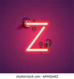 Red neon character from a font set on a purple background, vector illustration