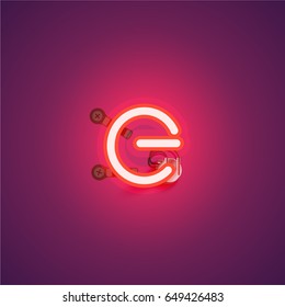 Red neon character from a font set on a purple background, vector illustration