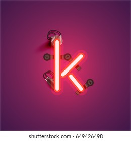 Red neon character from a font set on a purple background, vector illustration