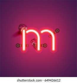 Red neon character from a font set on a purple background, vector illustration