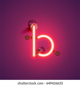 Red neon character from a font set on a purple background, vector illustration