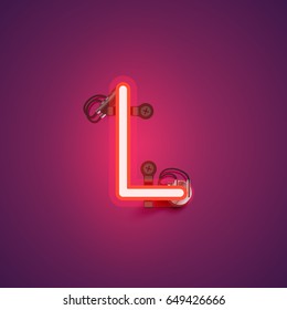 Red neon character from a font set on a purple background, vector illustration